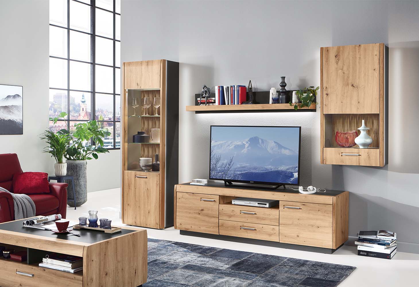 MÖBELSCHAU Wohnwand Eiche Artisan Nachbildung
