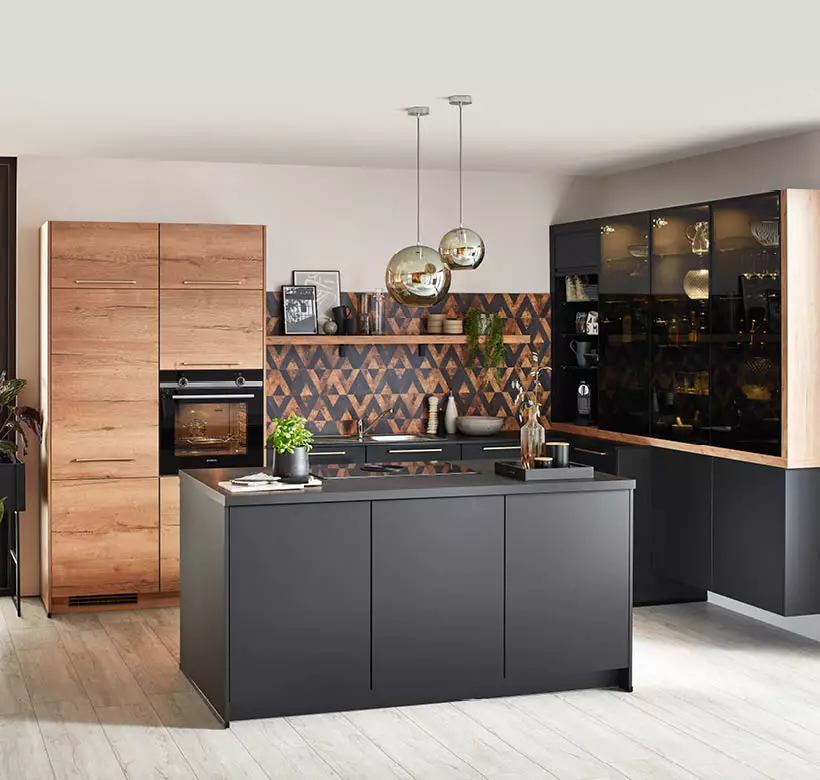 MÖBELSCHAU Design Küche Easytouch Como-Nizza Grafitschwarz, Eiche Sierra Nachbildung schwarz strukturiert